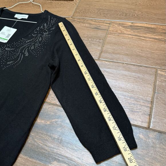 EMILY DANIELS Embellish 3/4 Sleeve Pullover FANCY Sweater V Neck Size L Black - Picture 4 of 8